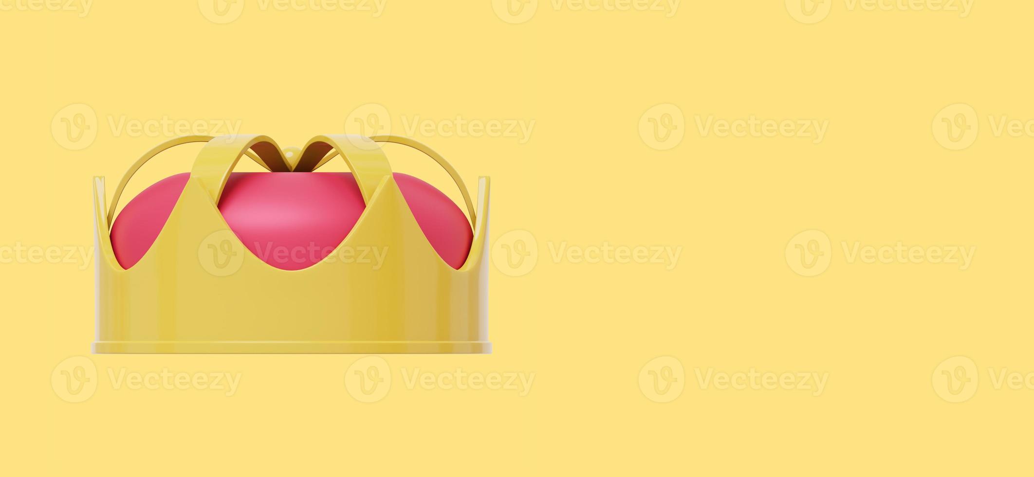 kunglig krona med röd keps, symbol av kraft. 3d tolkning. ikon på gul bakgrund, Plats för text. foto