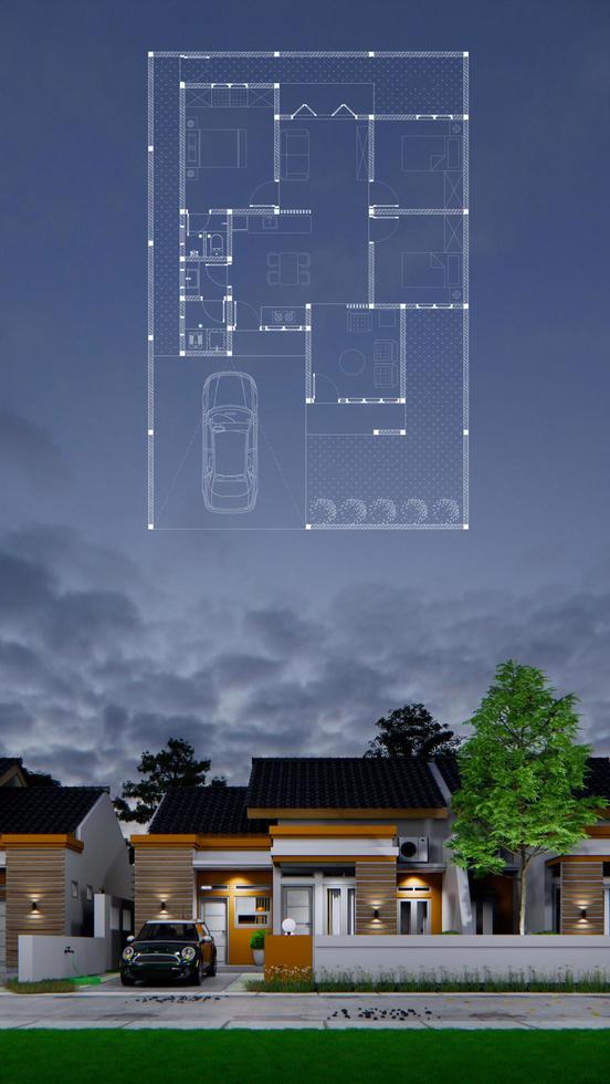 3d grafisk Foto illustration av en minimalistisk tropisk hus främre se med en golv planen, perfekt för älskande av minimalistisk tropisk hus och arkitektonisk Foto kännare.