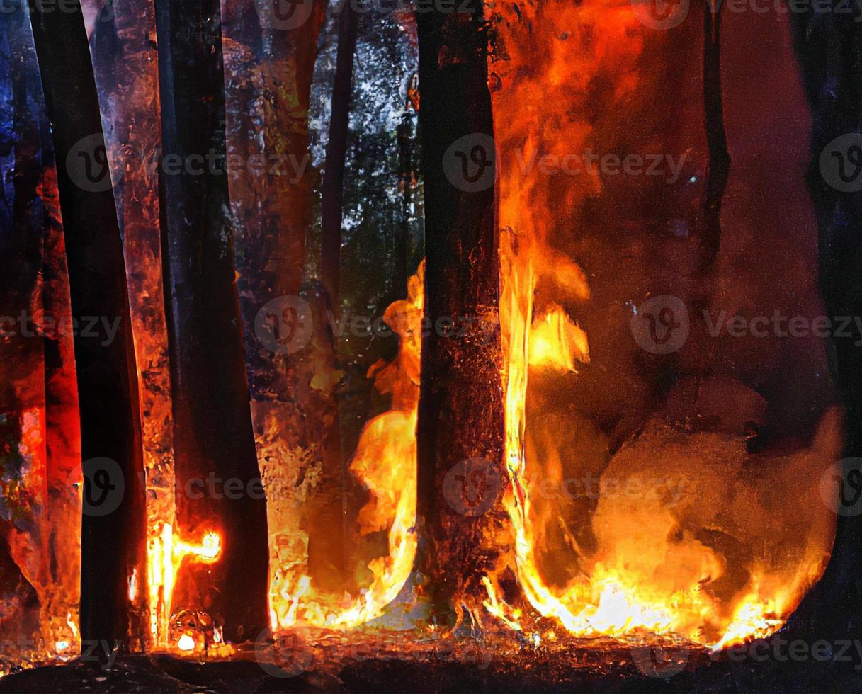 skog brand, brinnande träd, brand och rök bränt träd efter löpeld, förorening och en massa av rök brand lågor på svart bakgrund, bläs brand flamma textur foto