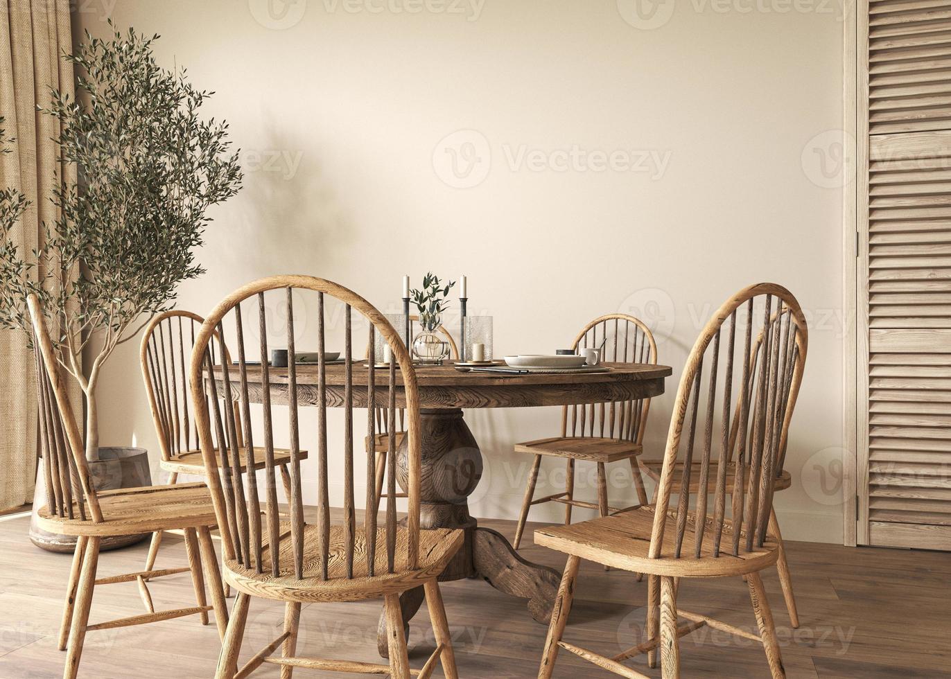 bondgård beige dining rum interiör med möbel. scandinavian boho stil. 3d tolkning av en vägg ram mockup. hög kvalitet illustration. foto