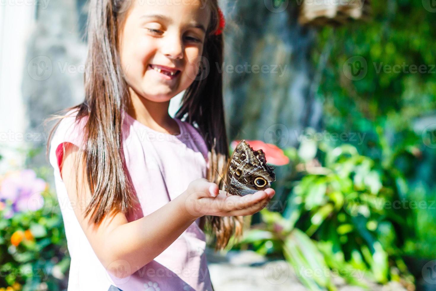 liten flicka innehav en fjäril i en fält foto