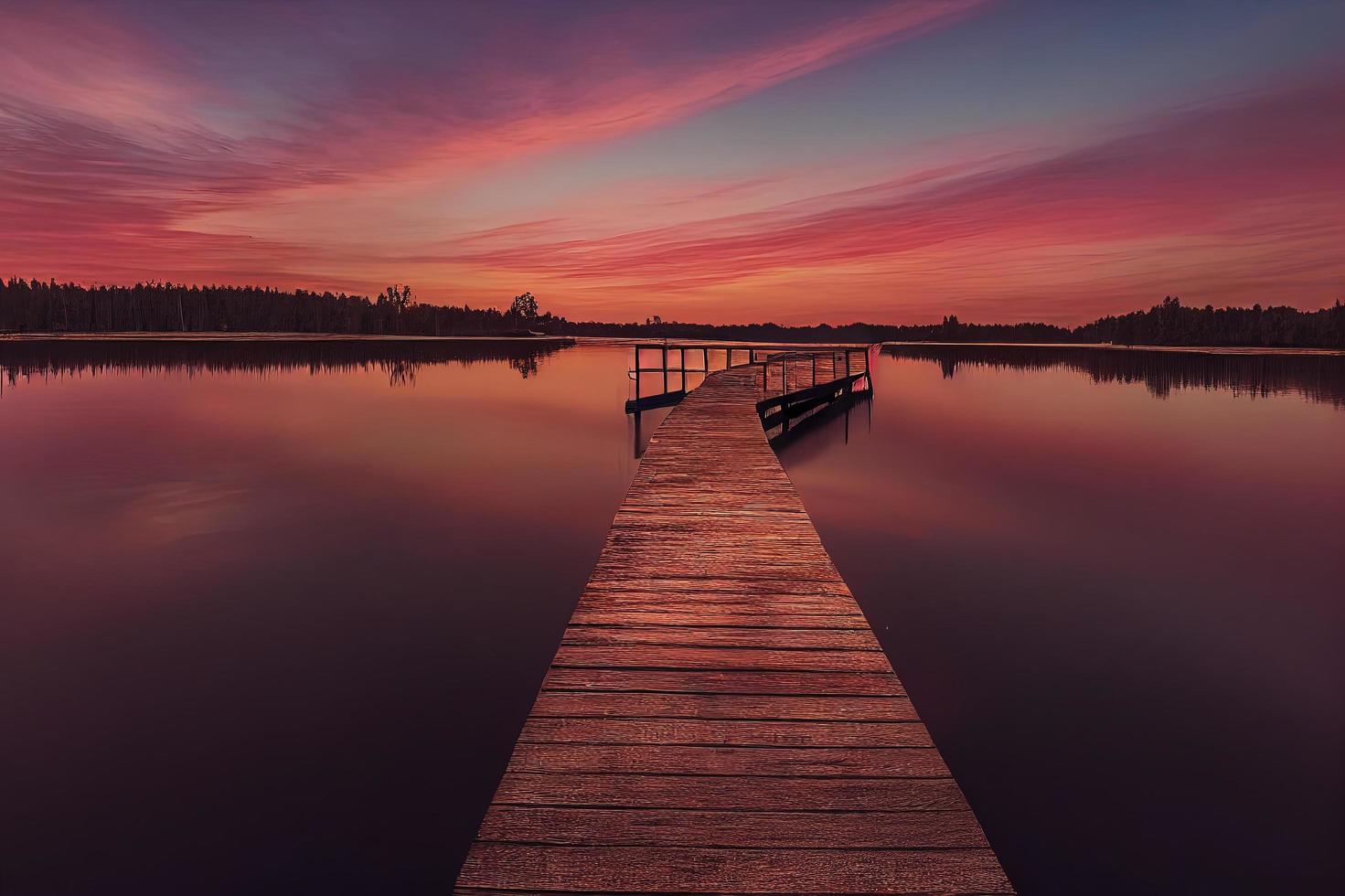 color trä- pir på en sjö den där är totalt lugna under solnedgång foto