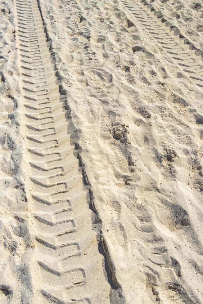 spår av ett grävmaskin i de strand sand i Mexiko. foto