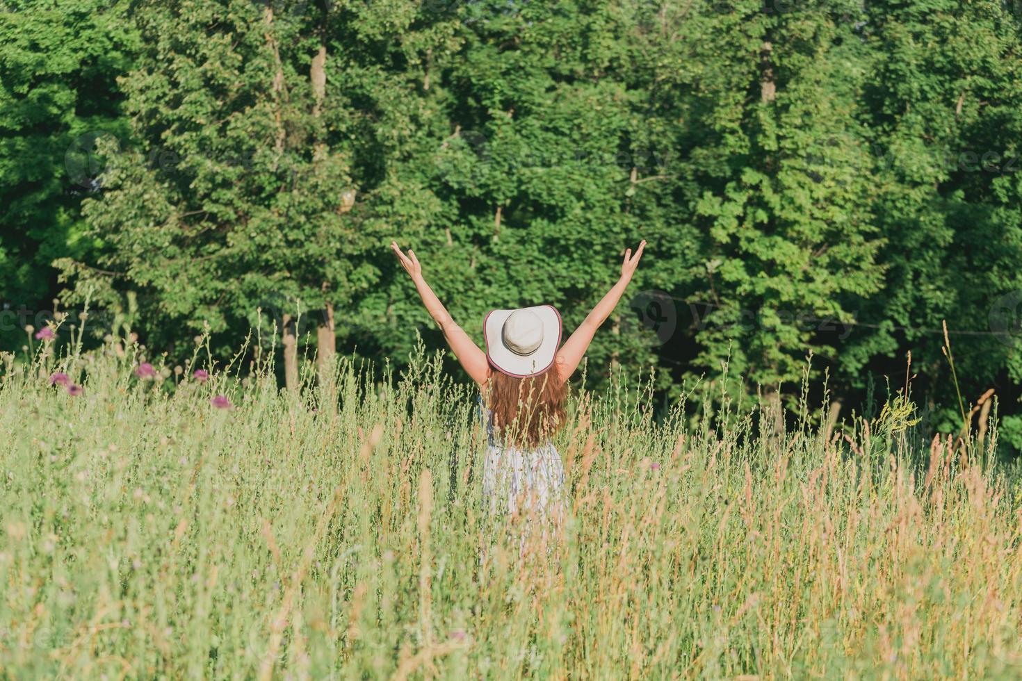 bak- se av Lycklig ung kvinna med lång hår i hatt och klänning drar henne vapen upp medan gående genom sommar skog på en solig dag. glädje av liv begrepp foto