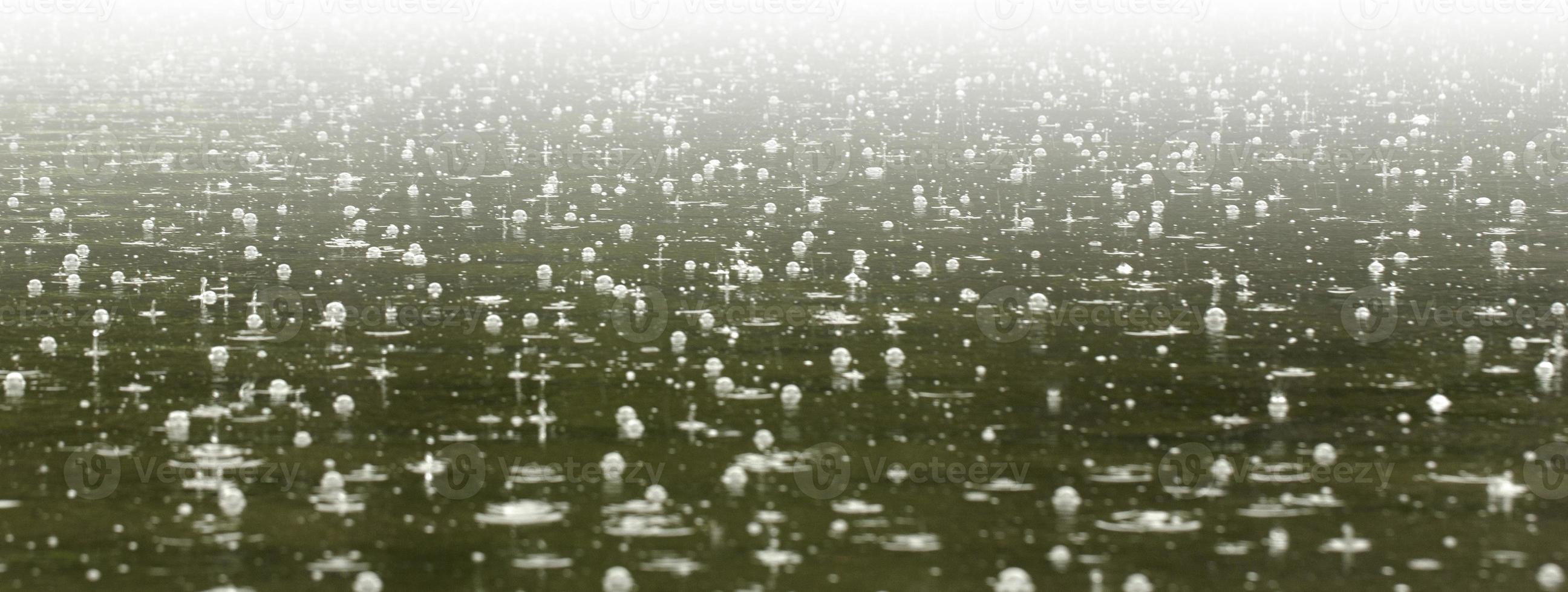 selektiv fokus stark regn med bubblor på de grön skog sjö foto