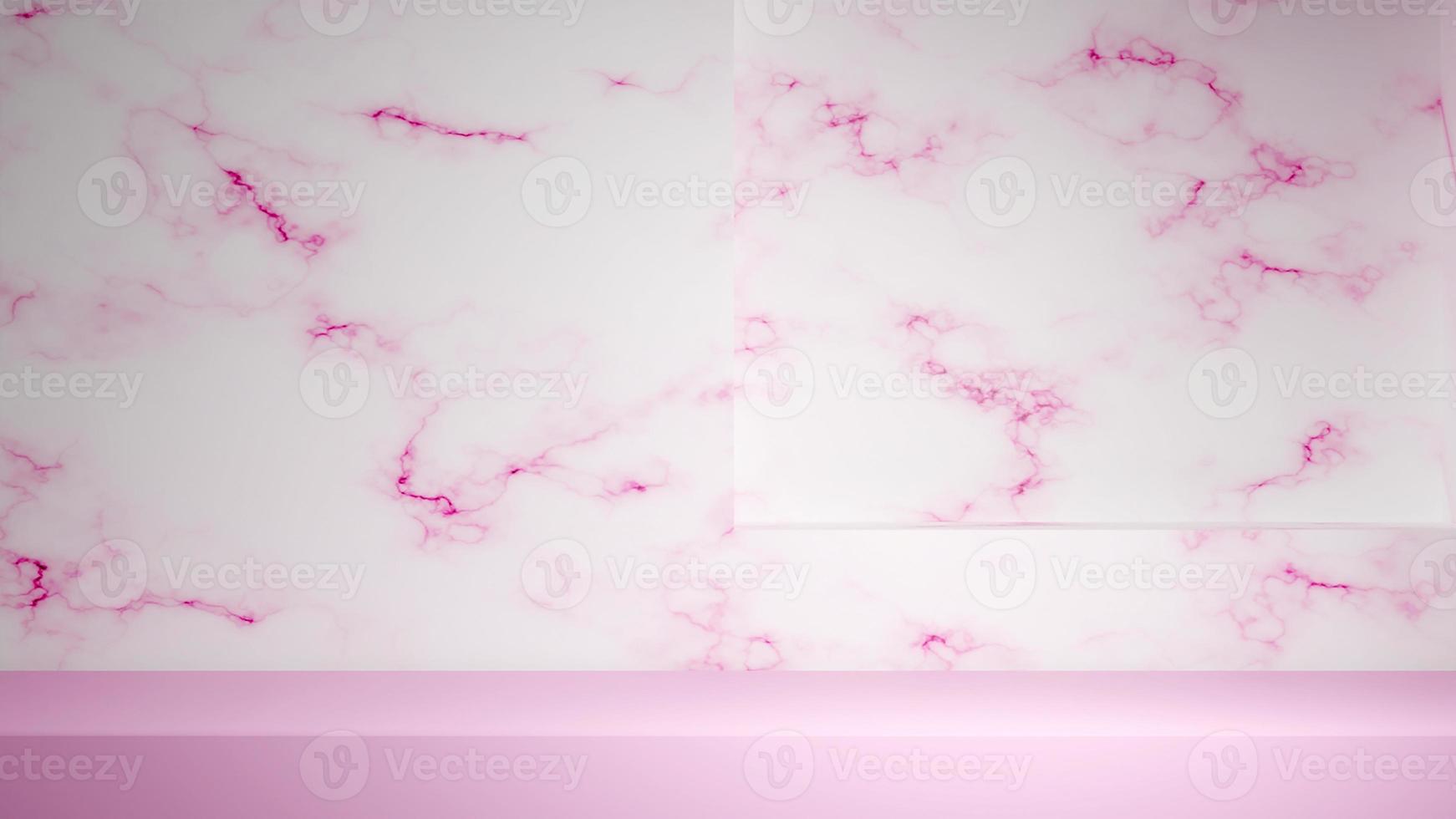 3d framställa ljus rosa produkt monter attrapp med marmor vägg och visa podium. sten texturerad bakgrund med podium och gobo skugga på bänkskivan foto