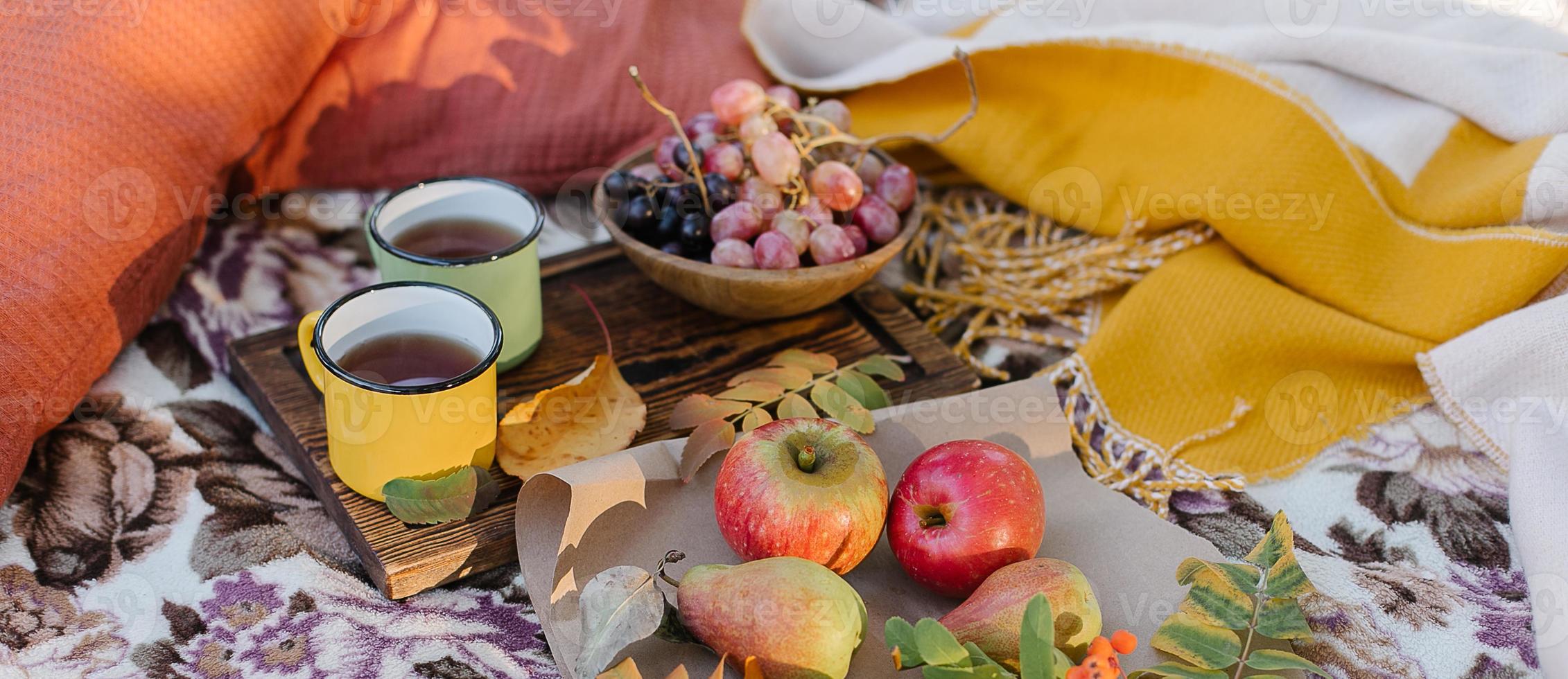 te koppar, frukt och vindruvor på pläd i parkera. höst picknick på natur. mysigt höst utomhus- begrepp. foto