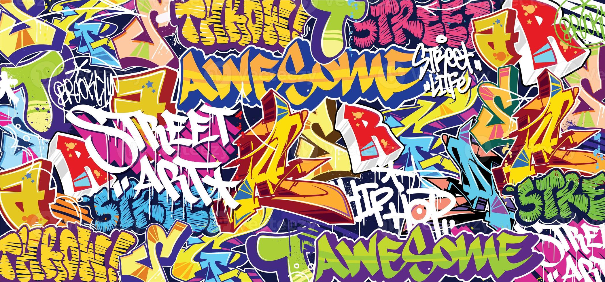 färgrik graffiti vägg konst bakgrund gata konst hiphop urban vektor illustration bakgrund. sömlös Fantastisk graffiti konst bakgrund foto