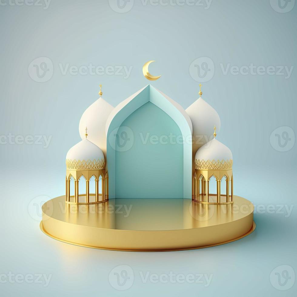 islamic tema produkt visa bakgrund i 3d tolkning illustration design, moské portal ram med podium eller skede och tömma Plats. foto