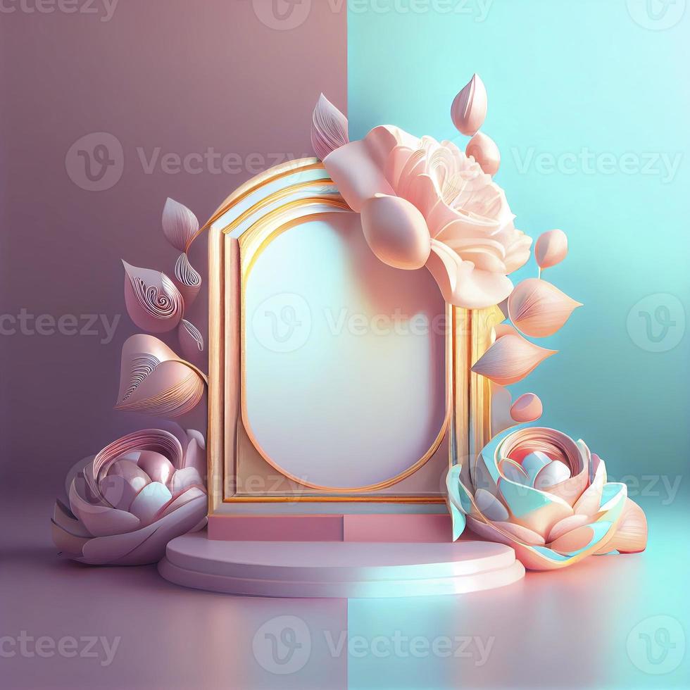 realistisk 3d illustration av podium med blommig prydnad för produkt baner foto