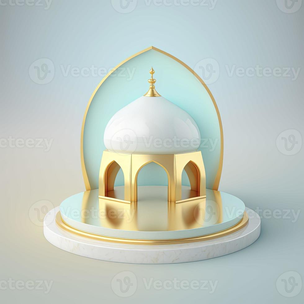 islamic ramadan podium bakgrund av trogen och modern 3d realistisk moské med scen och skede för produkt visa foto