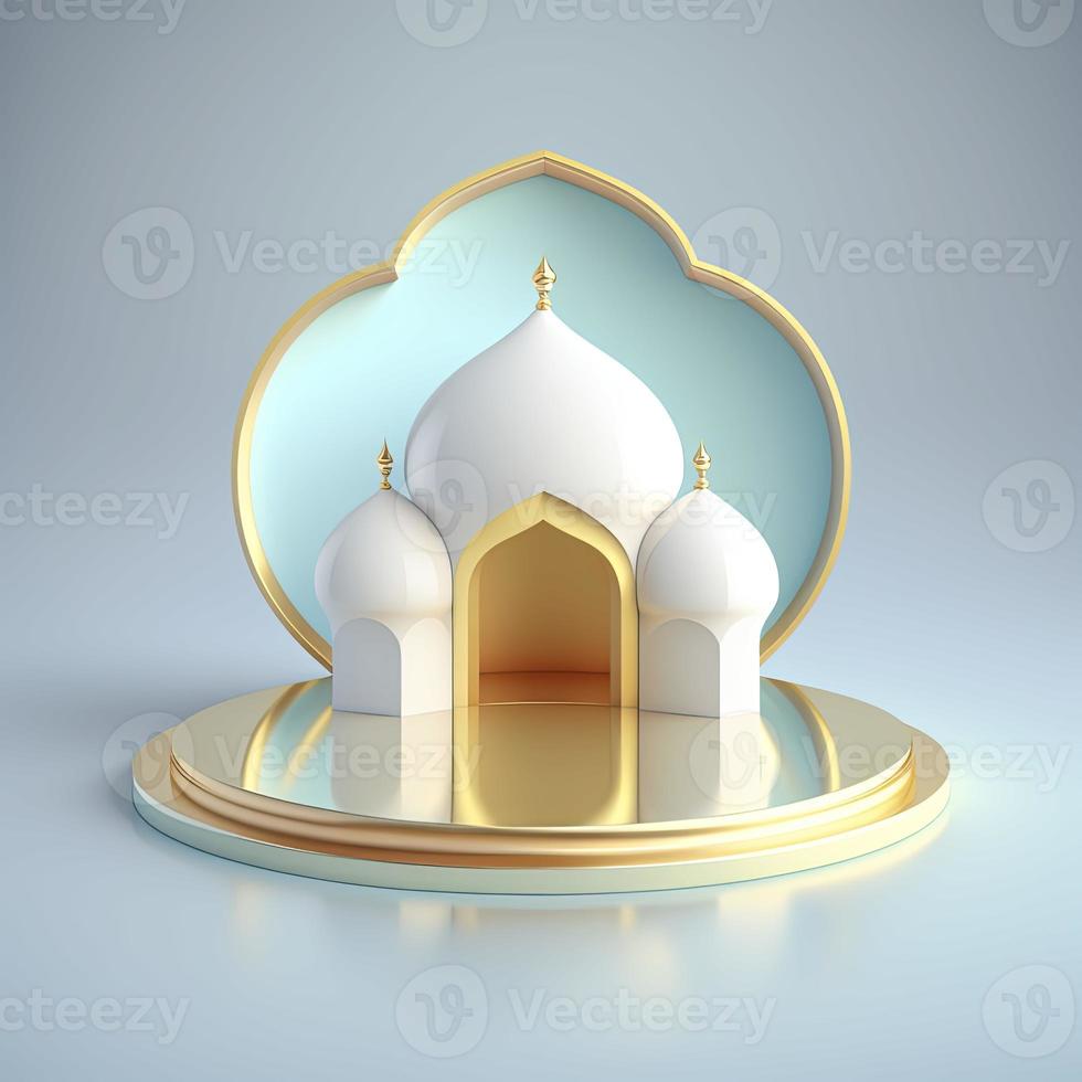 islamic ramadan podium bakgrund av trogen och modern 3d realistisk moské med scen och skede för produkt visa foto