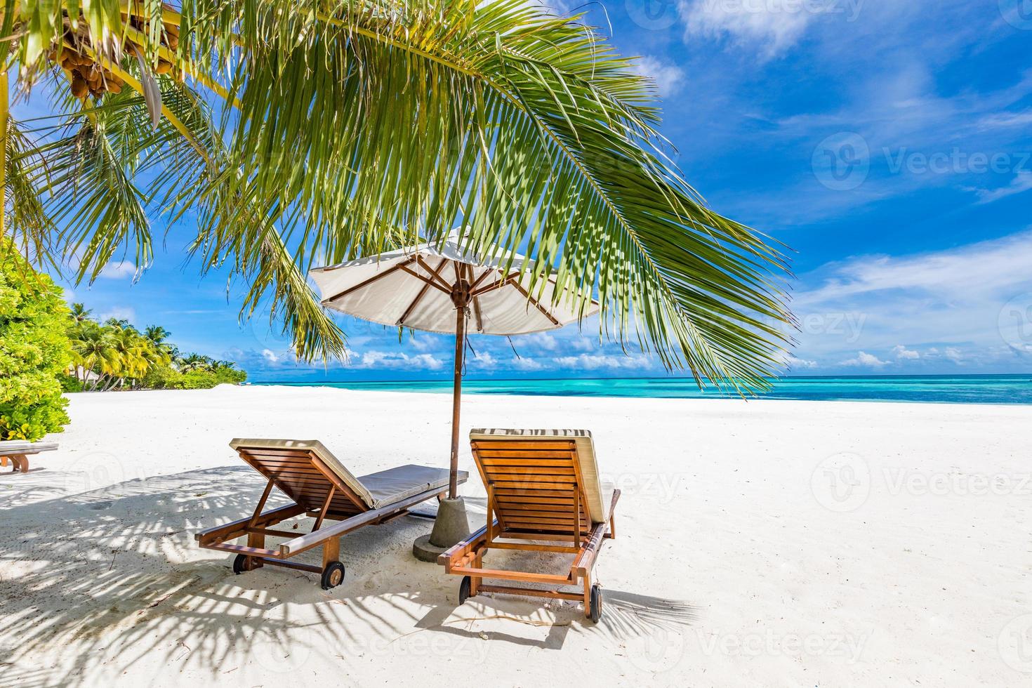 lugn strand scen. exotisk panorama i tropisk ö tillflykt, handflatan träd, vit sand, blå himmel och hav. smekmånad destination, sommar semester eller Semester konceptuell landskap. panorama- landskap foto