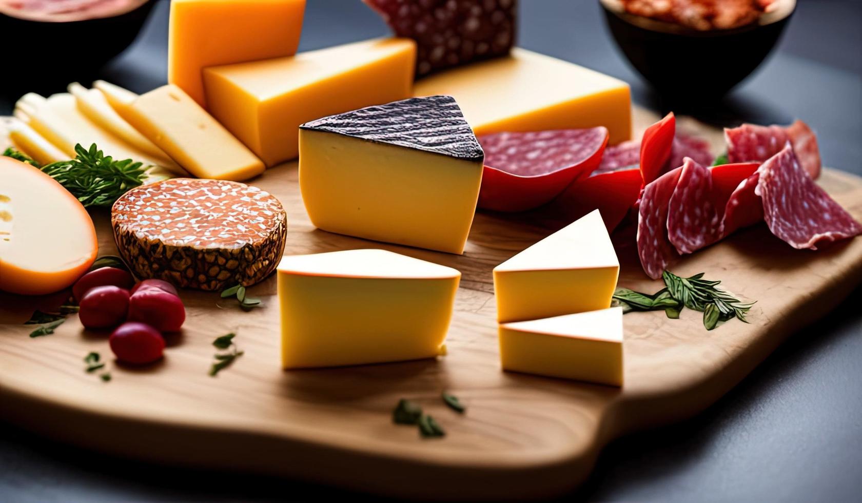rofessional mat fotografi stänga upp av en ost och charkuterivaror styrelse Sammanträde på topp av en tabell foto