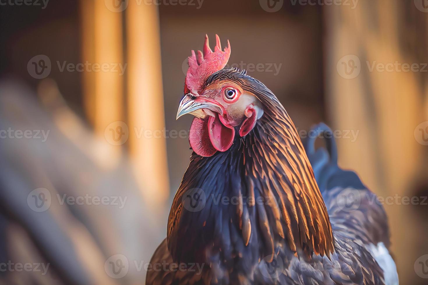 stänga upp av en kyckling på en odla, uppsättning mot naturlig bakgrund. foto