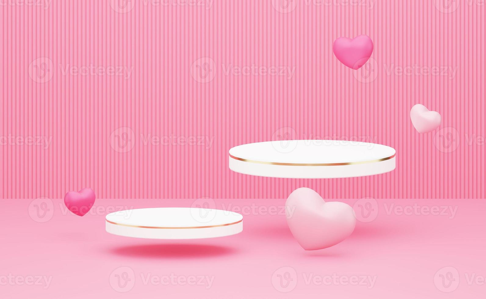 3d vit podium flytande på rosa bakgrund, rosa hjärta ballong flytande på luft. 3d tolkning foto