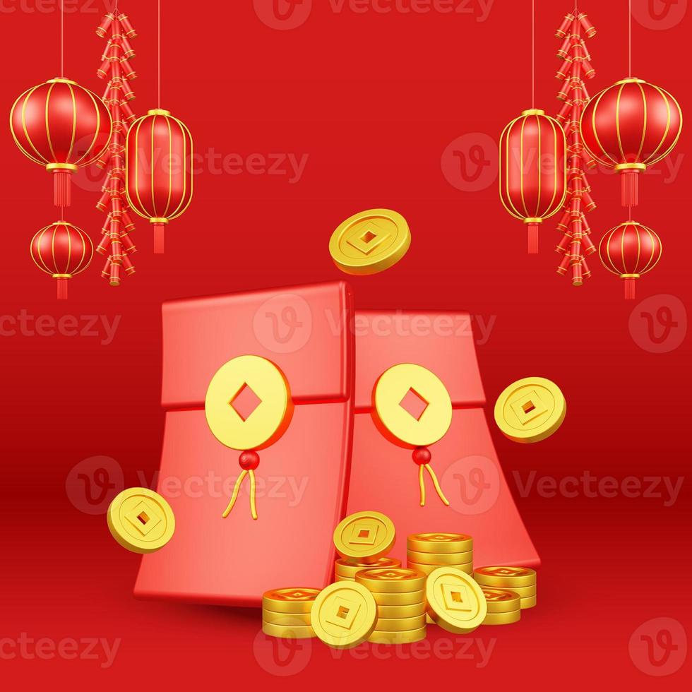 kinesisk ny år 3d illustration med prydnad för händelse befordran social media landning sida med röd kuvert och mynt för kinesisk ny år firande foto