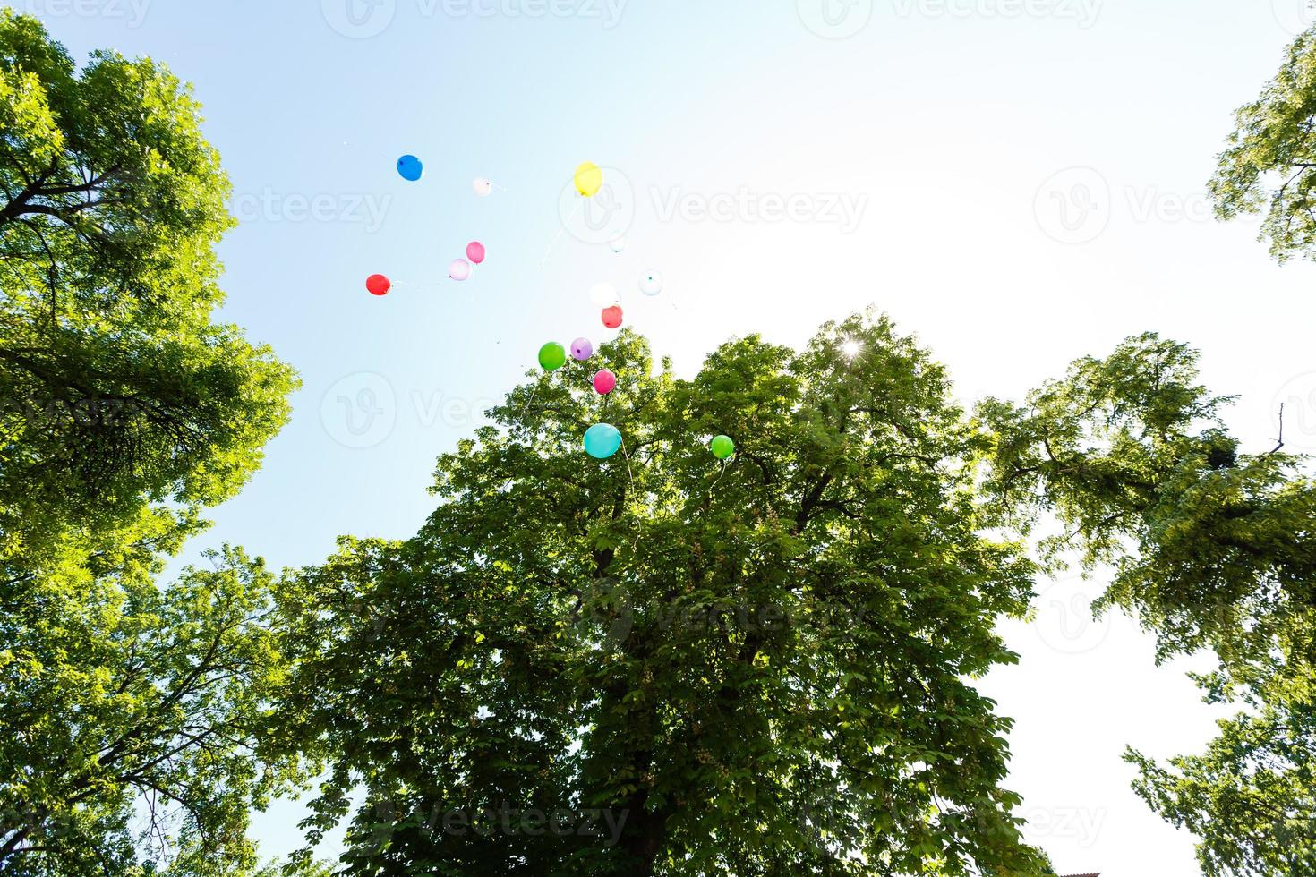 färgad ballonger flyga till de himmel foto