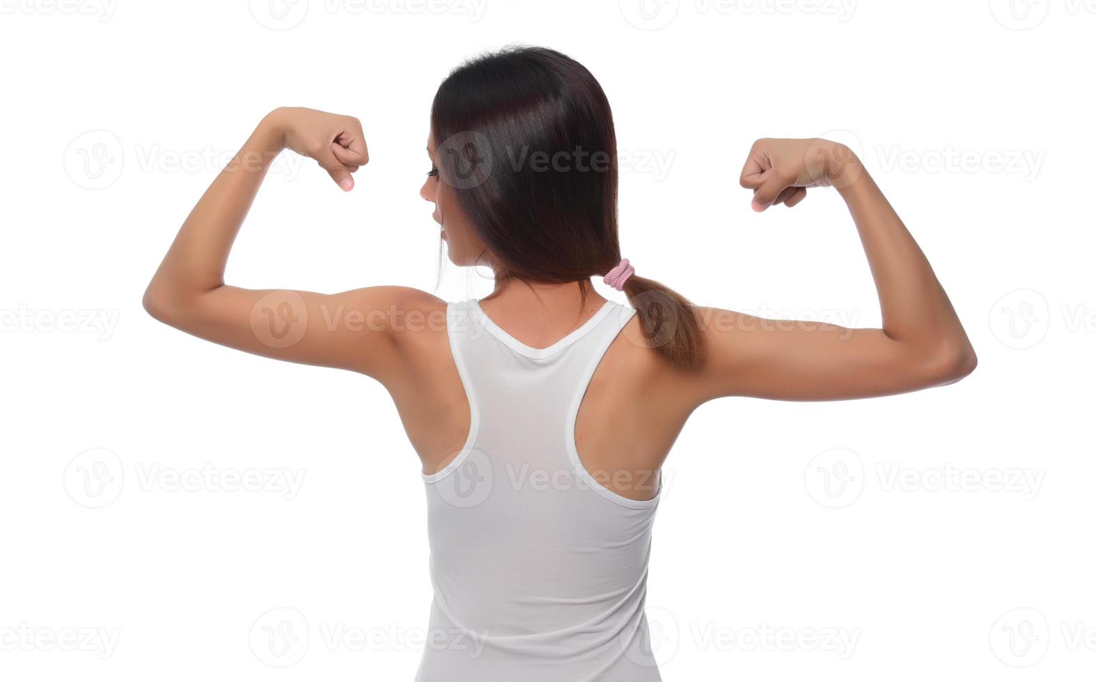 rong kondition idrottare, kvinna kroppsbyggare, böjning muskler, som visar passa kropp foto