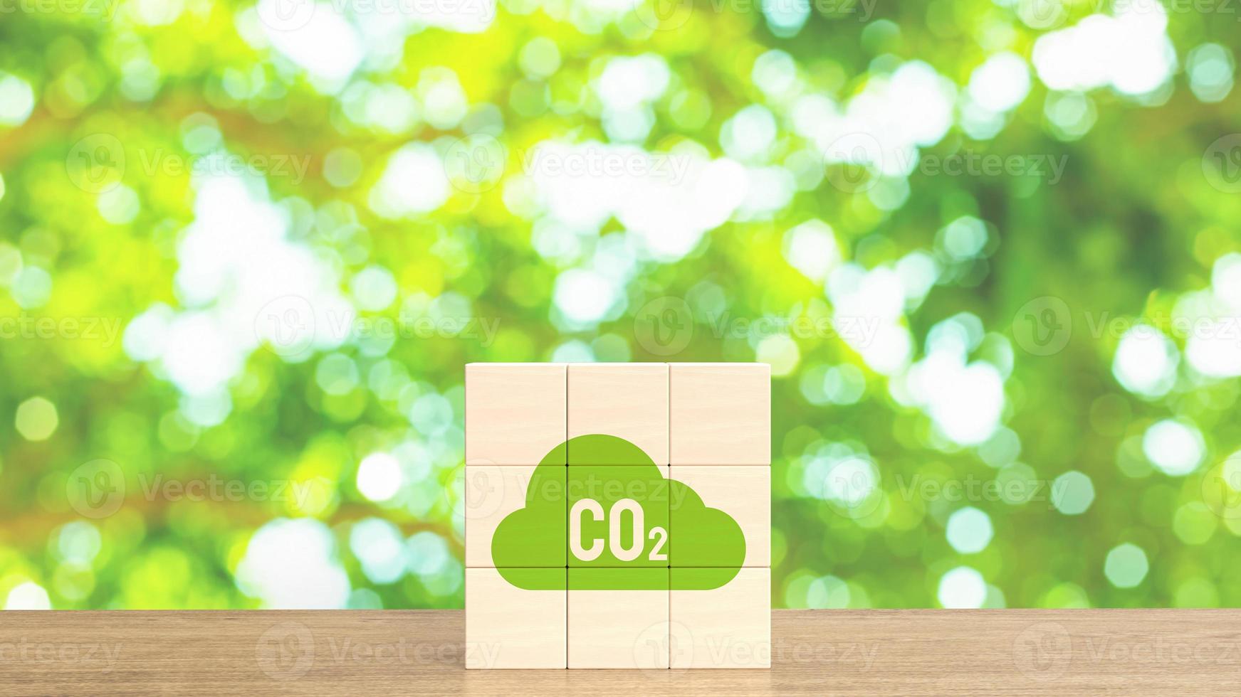 de co2 ikon på trä kub för miljö- begrepp 3d tolkning foto
