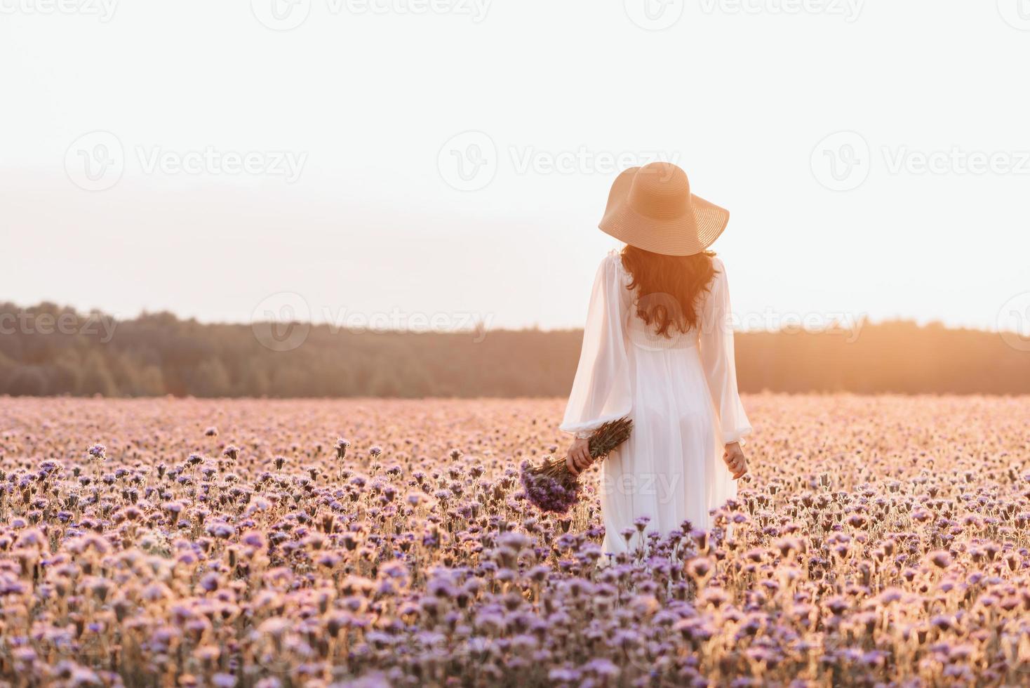 en skön flicka i en lavendel- fält. en skön kvinna i de stil av provence i en vit klänning med en bukett i henne händer. foto