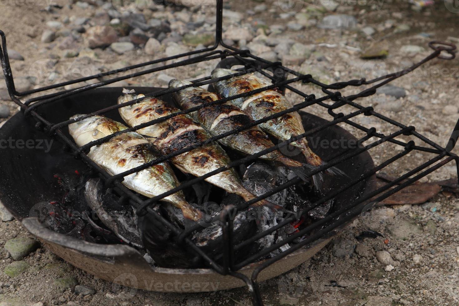 de bearbeta av framställning grillad fisk den där är bränt över kokos skal kol foto