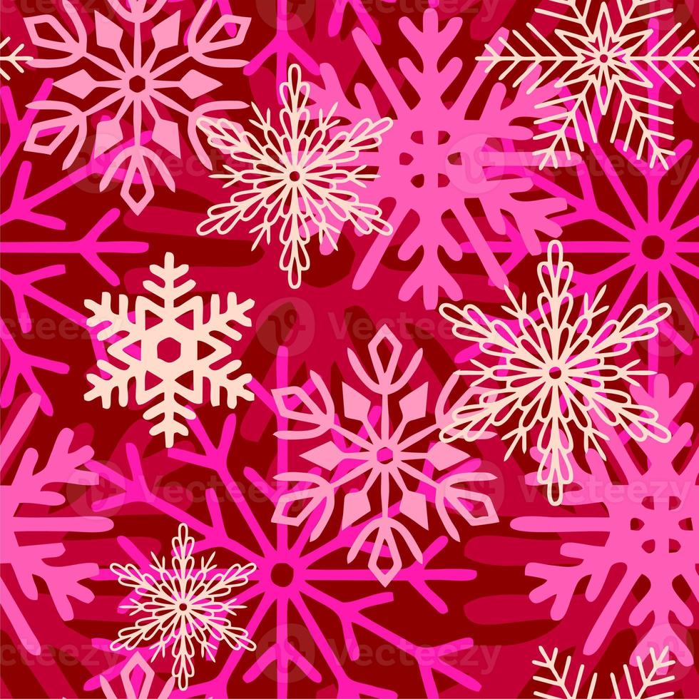 sömlös asymmetrisk mönster av färgrik snöflingor på en rosa bakgrund, textur, design foto