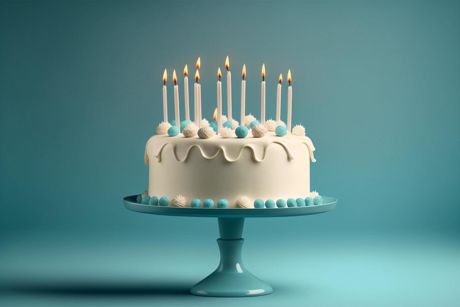 vit födelsedag kaka med ljus över blå bakgrund, tom tömma Plats foto