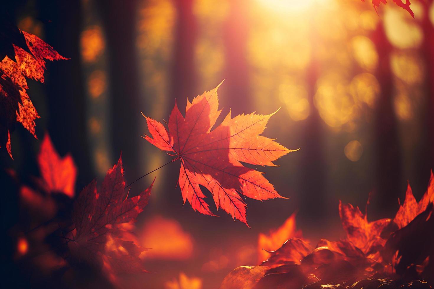 röd löv faller i skog, defocused höst bakgrund med solljus foto