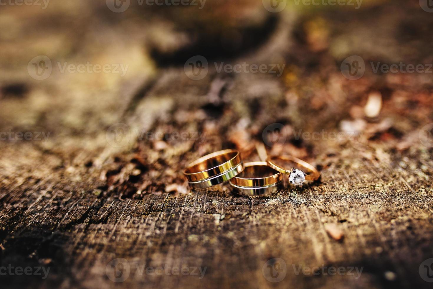 skön bröllop ringar lögn på trä- yta mot bakgrund. hjärtans dag. bröllop ringar. bröllop dag detaljer foto