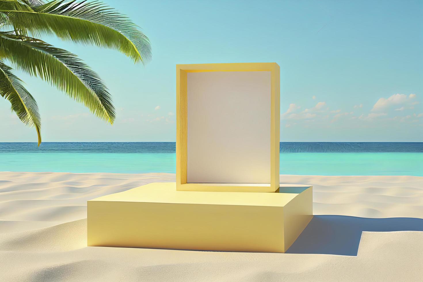sommar tropisk bakgrund, podium på sand strand på hav bakgrund foto