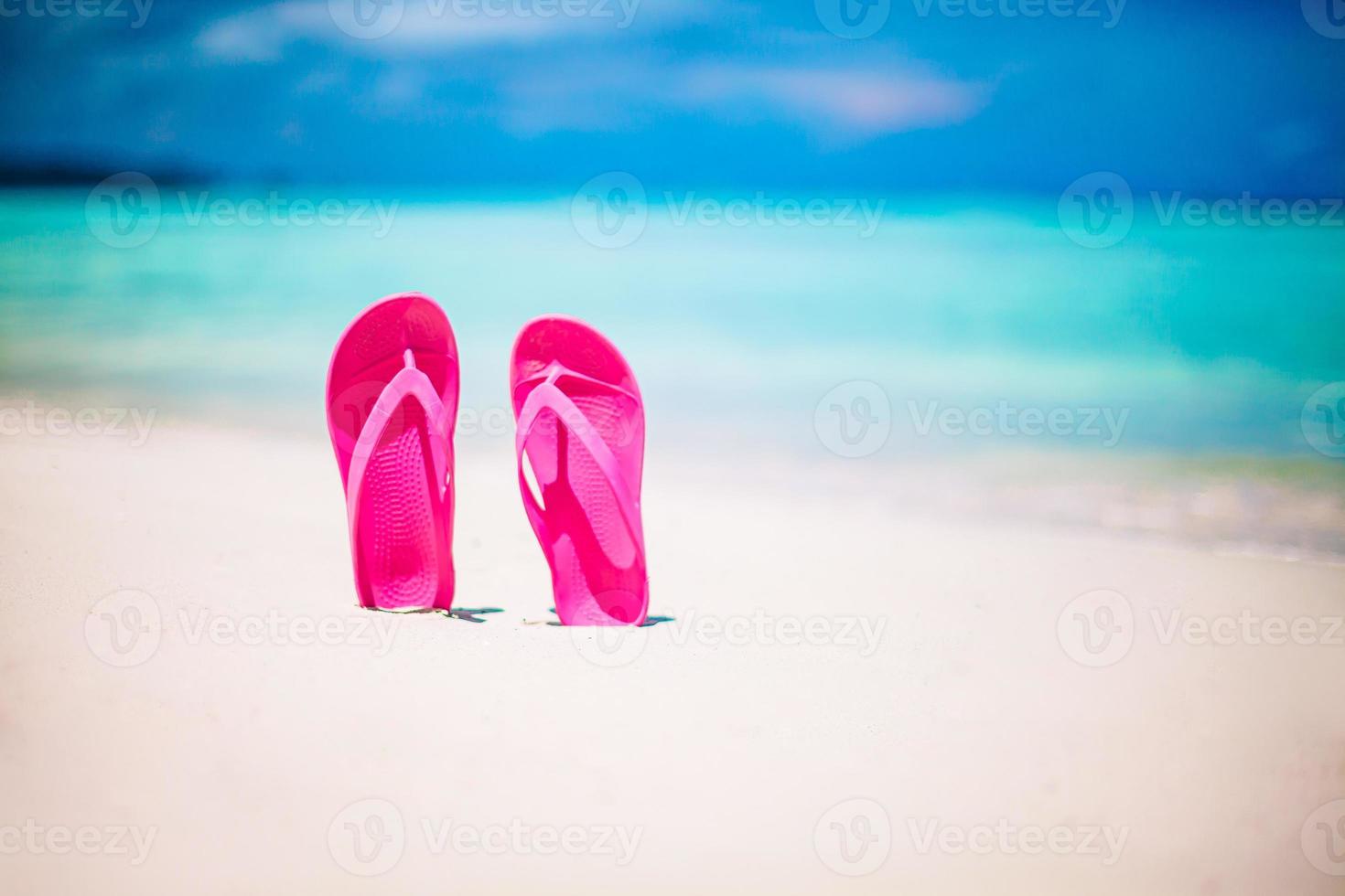 färgrik flipflop par på de hav strand foto