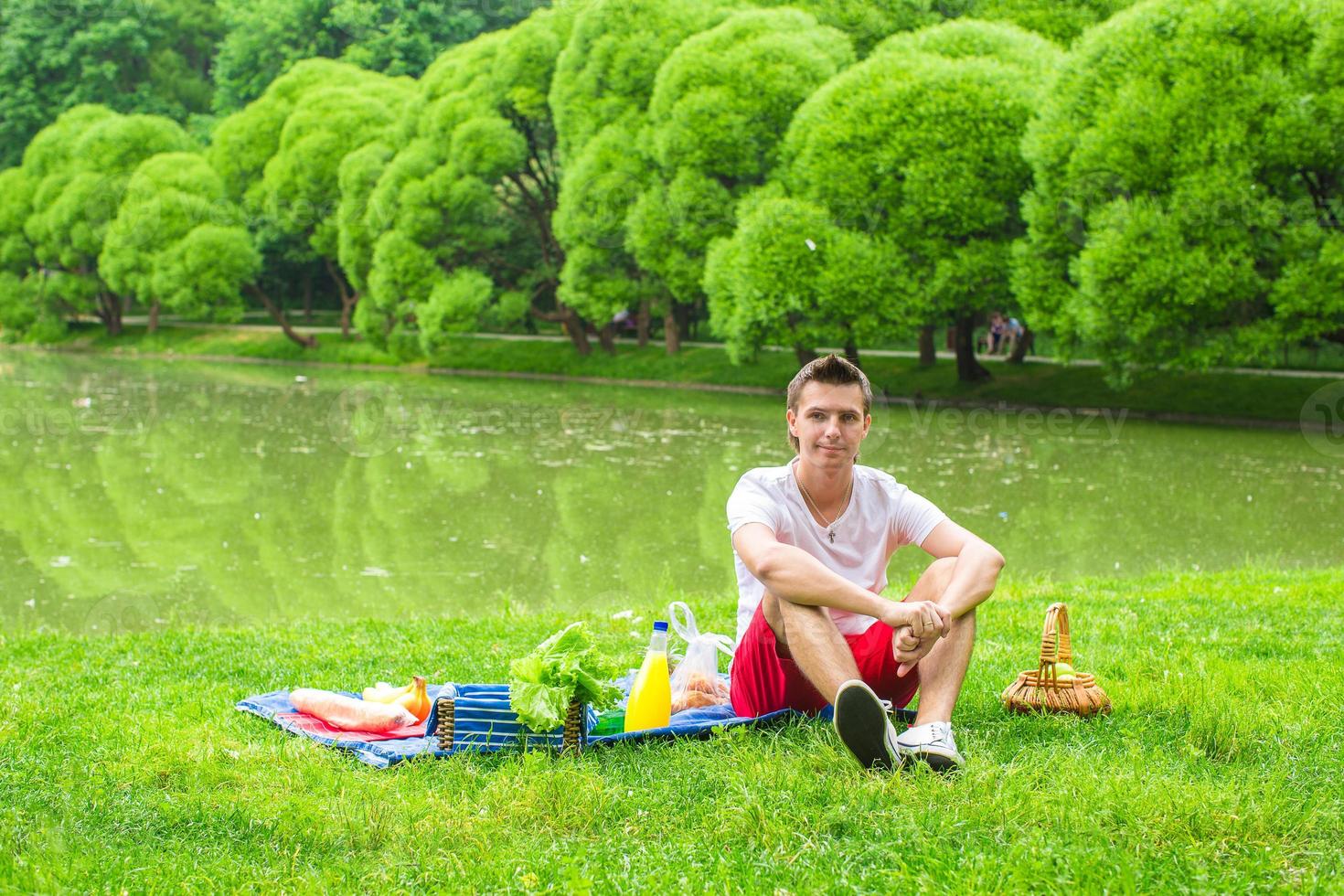 Lycklig familj picknick i de parkera foto