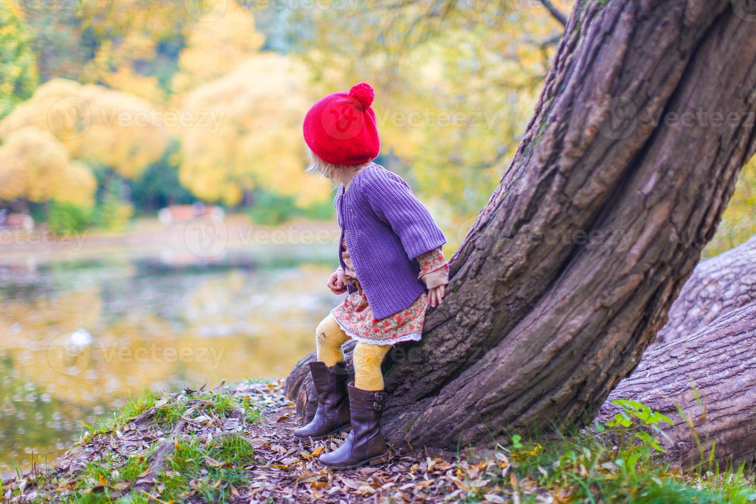 söt liten flicka i en röd keps nära sjö på de höst parkera foto