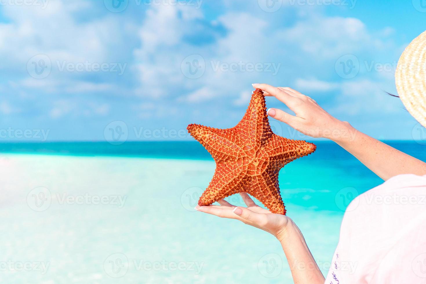 tropisk vit sand med röd sjöstjärna i klar vatten foto
