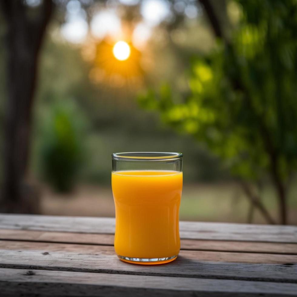 glas av orange juice på trä tabell bakgrund illustration bilder ai genererad foto