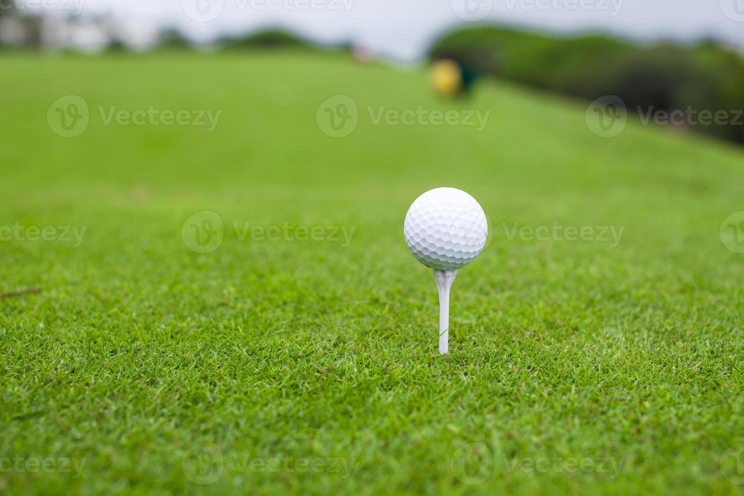 golf boll på tee i en skön golf klubb foto