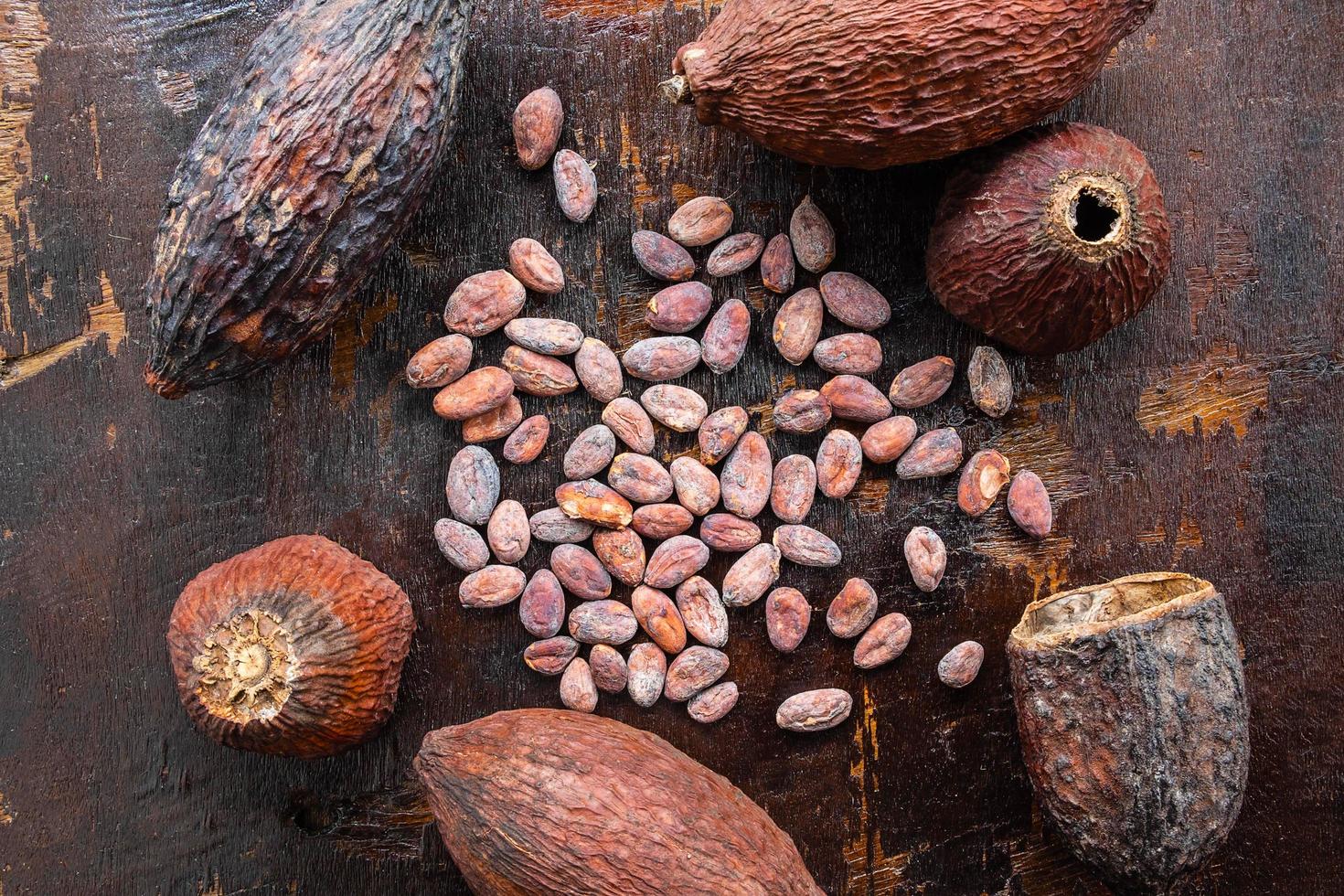 ovanifrån av kakaobönor på en träbakgrund foto