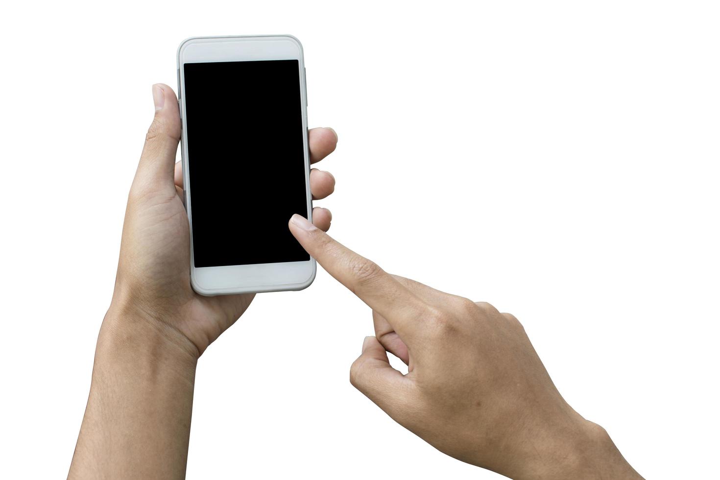 person som använder en telefon på en vit bakgrund foto