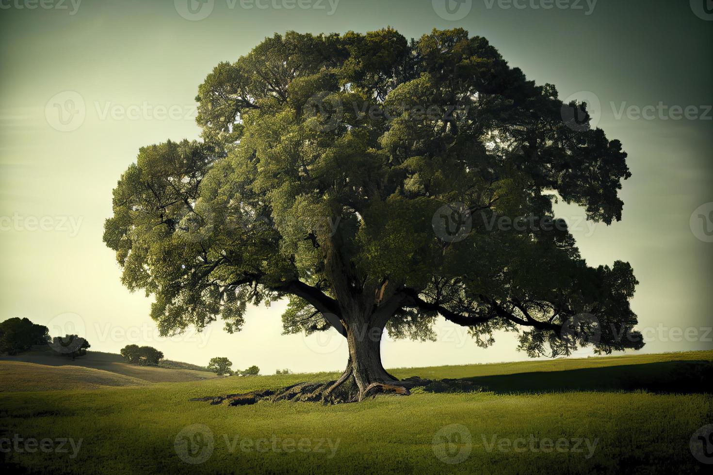 i de fält, en ensam grön ek träd foto