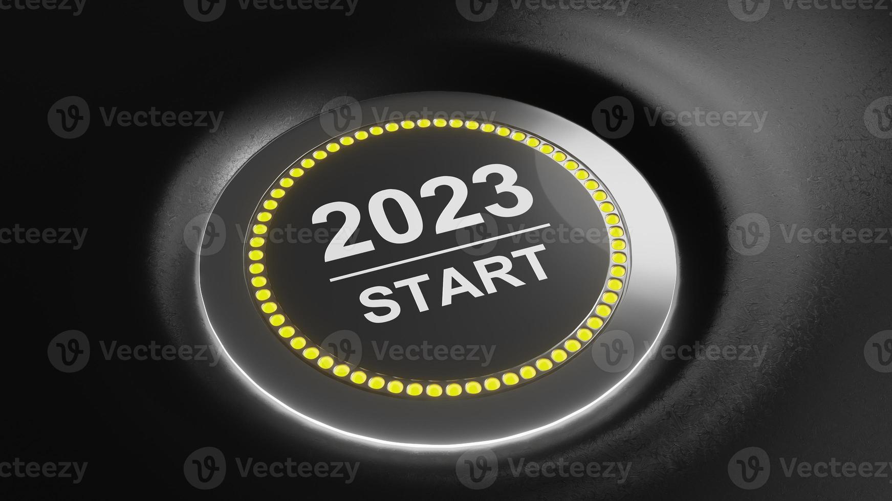 Start 2023. Lycklig ny år knapp. 3d illustration foto