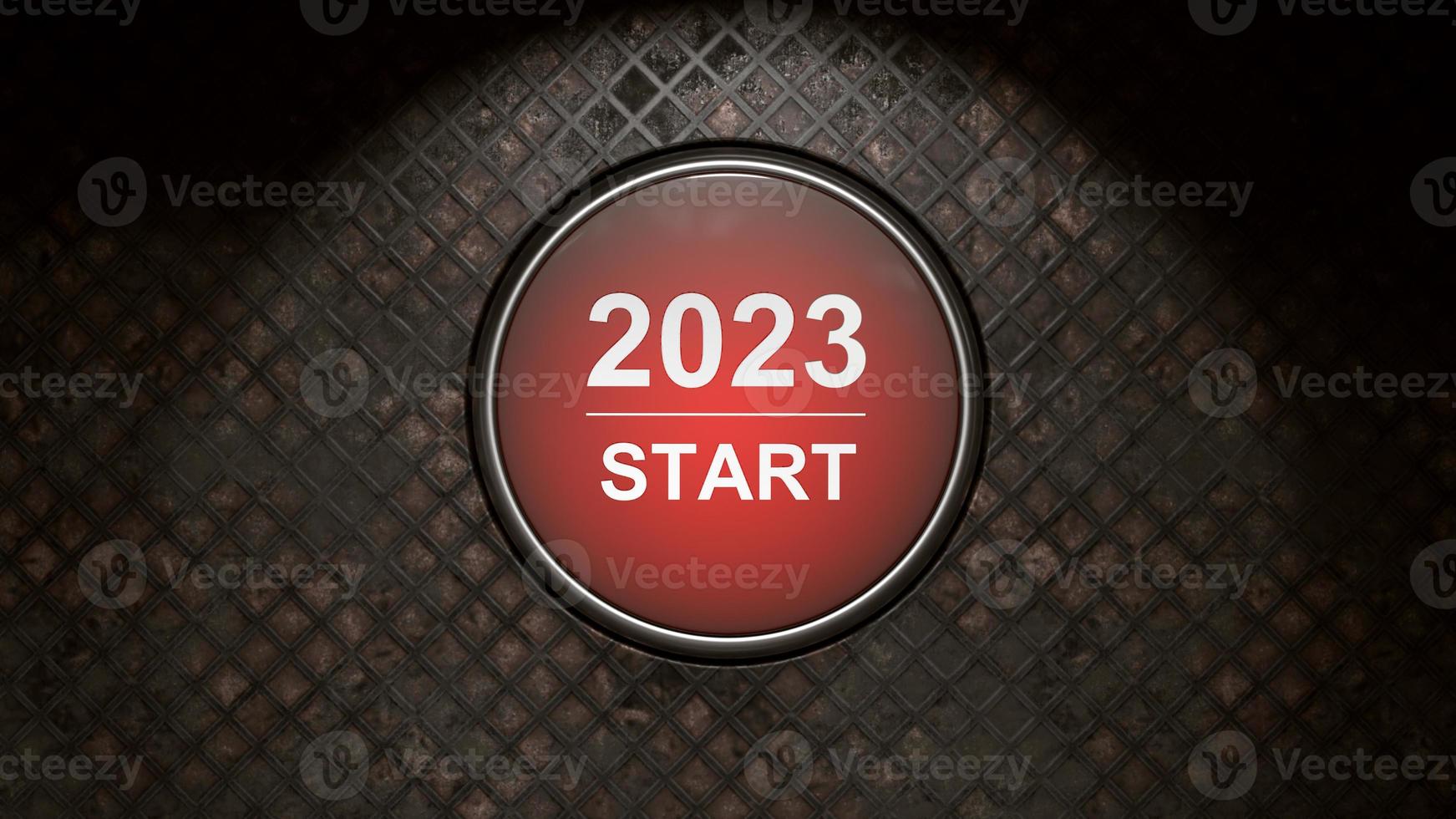 Start 2023. Lycklig ny år knapp. 3d illustration foto