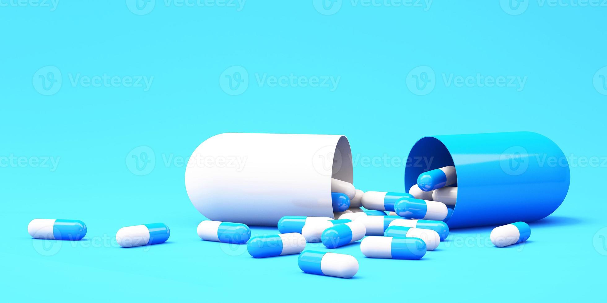 medicin piller kapslar faller med blå bakgrund., sjukvård och medicinsk 3d illustration bakgrund foto