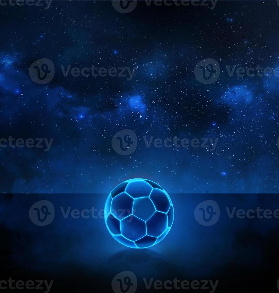 fotboll boll med ljus blå lysande neon rader på stjärnor bakgrund med rök. 3d framställa foto