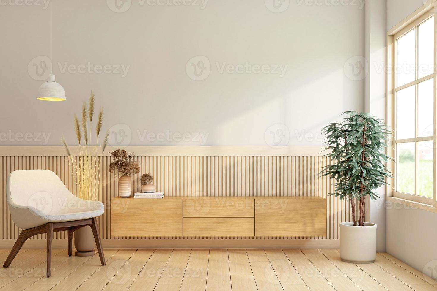 japandi stil levande rum dekorerad med trä TV skåp och trä spjäla vägg. 3d tolkning foto