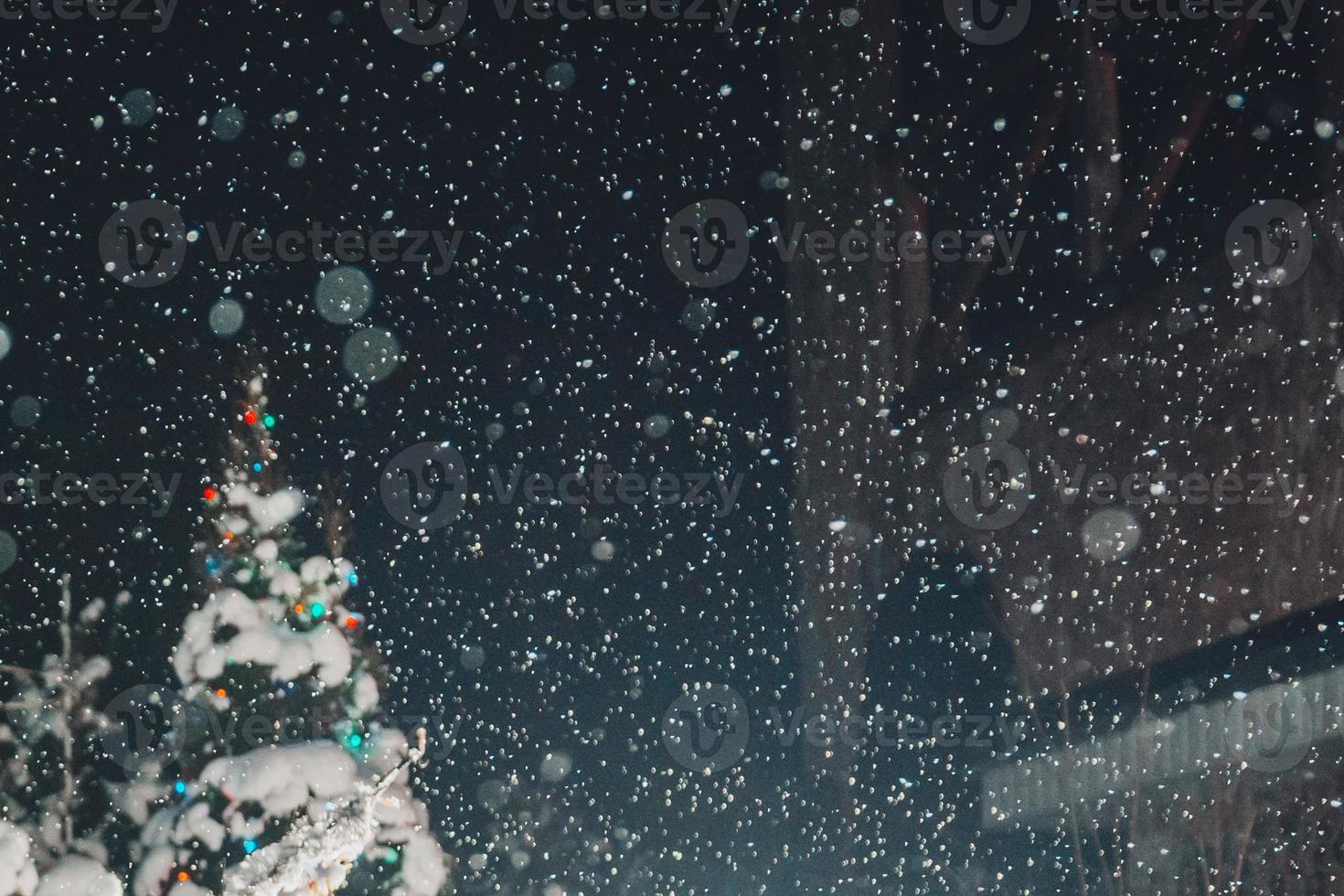 snö kommer från de himmel på jul natt och duschar de jul träd foto
