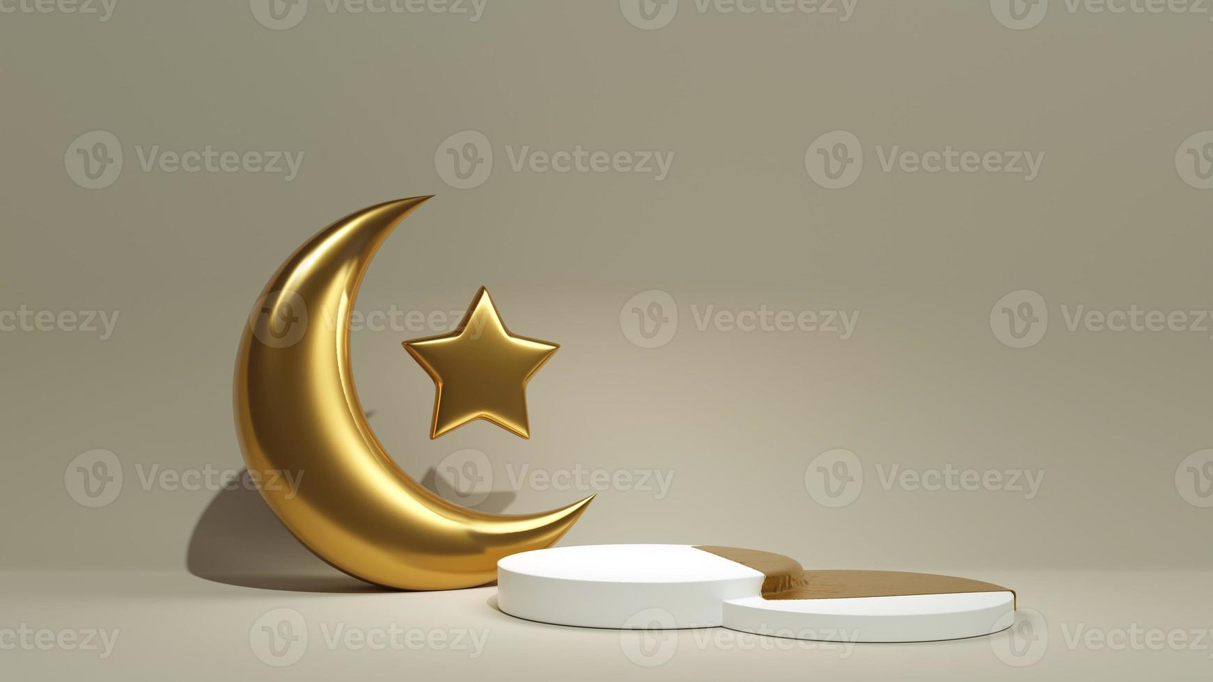 gyllene halvmåne med stjärna nära två vit pallplatser på beige bakgrund. 3d framställa scen med turkiska layout och avslöja trasa stå. muslim försäljning mall foto