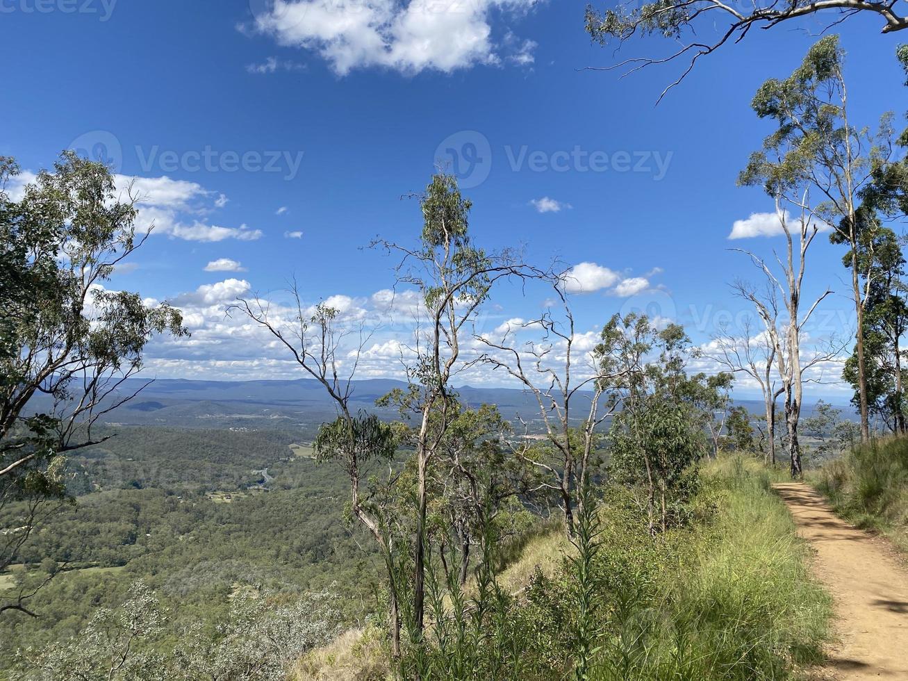 buskmark rättegång på picknick punkt park är en offentlig grön Plats, se upp och gående spår hög på de kulle på toowoomba, queensland, Australien. foto