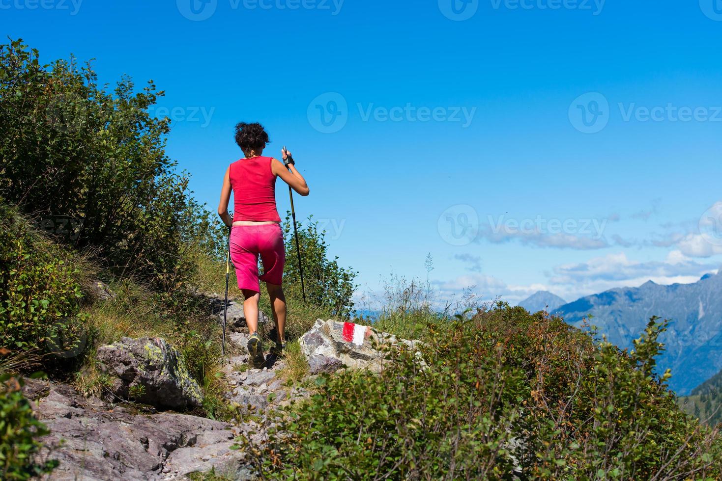 flicka promenader i de bergen med pinnar. foto