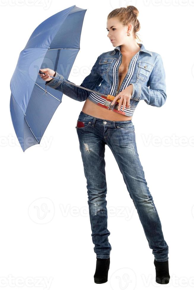 leggy ung kvinna i en denim kostym foto